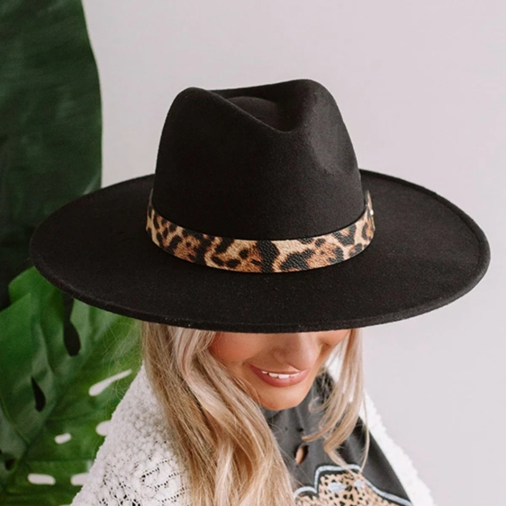 Black/Leopard Print Detail Wool 3" Wide Brim Hat